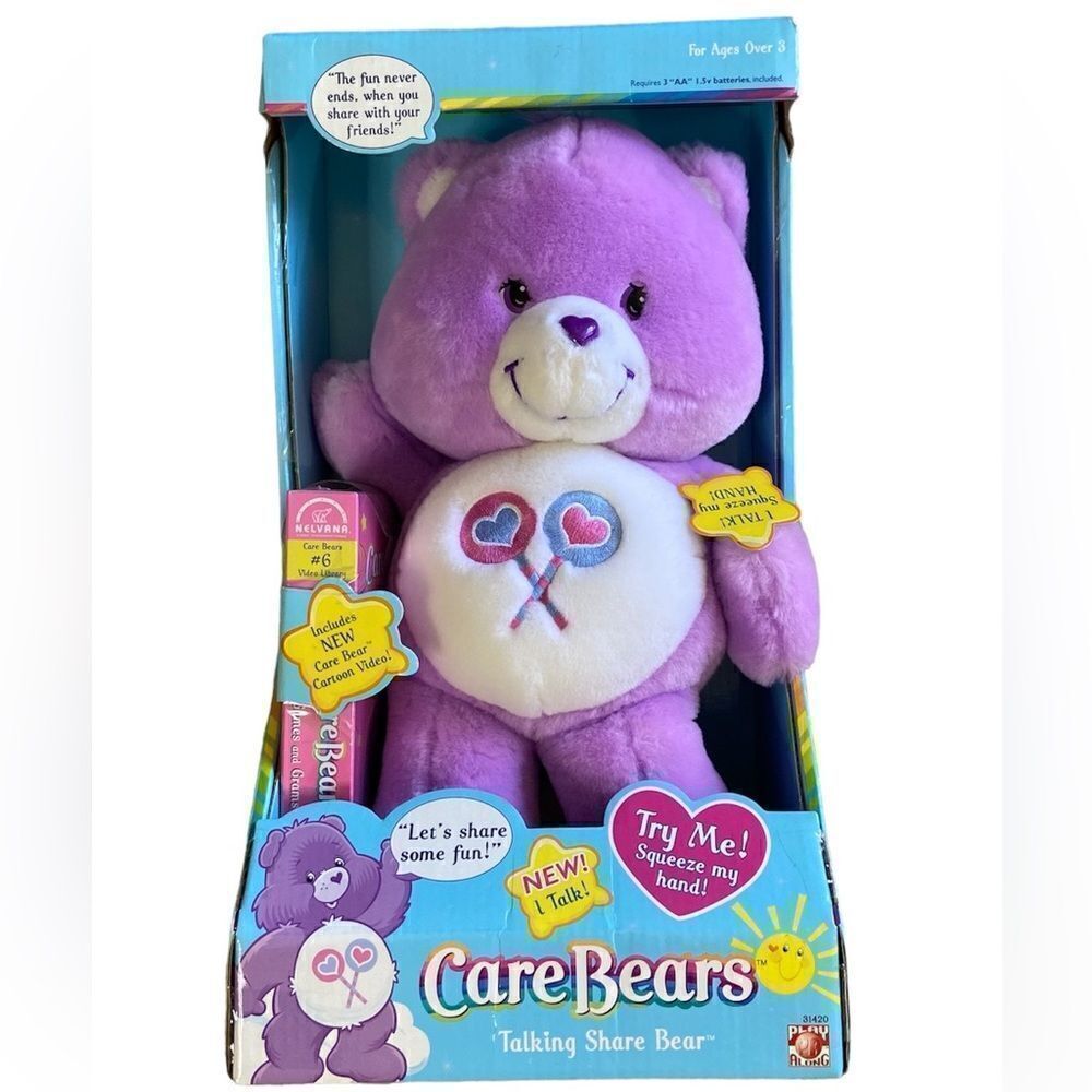 Nwt Vtg 2003 Care Bears Stuffed Purple Toy Bear + Cartoon Video Plush Animal